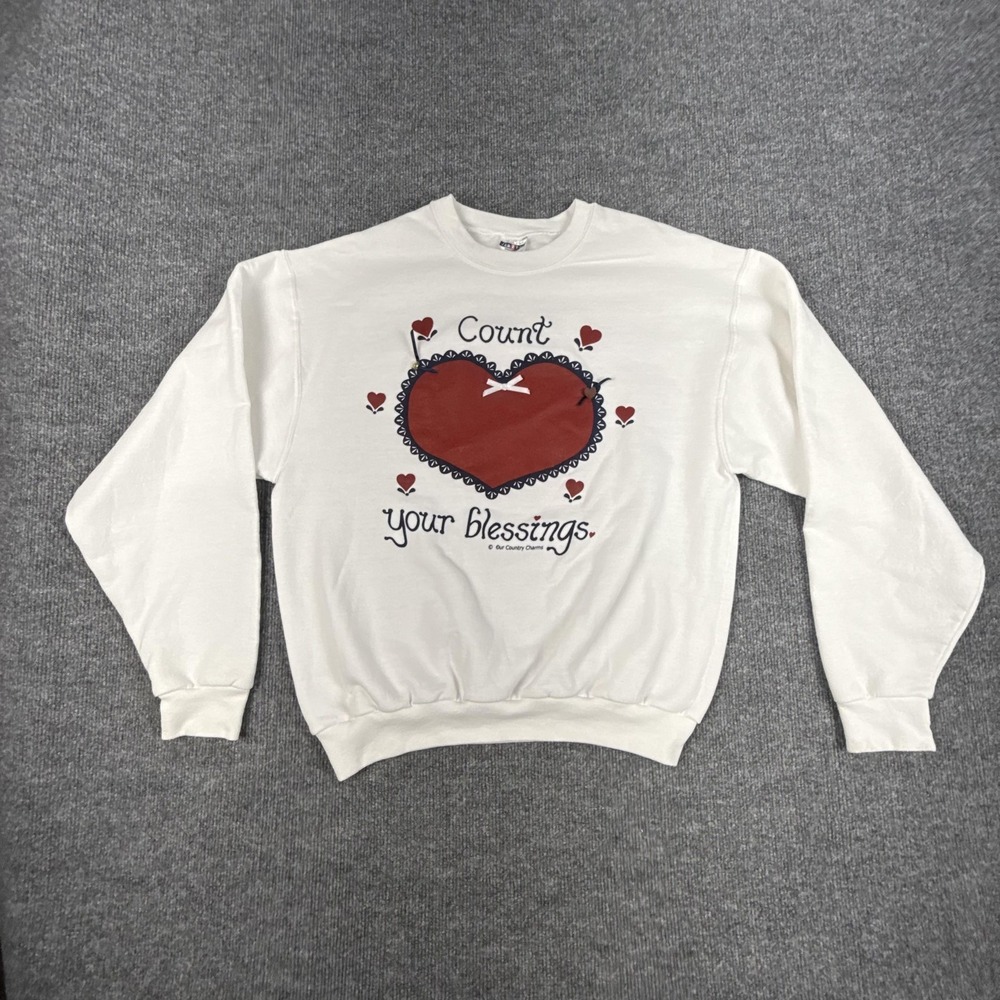Jerzees Sweatshirt Mens Medium White Count Your Blessings Heart Pullover Fleece